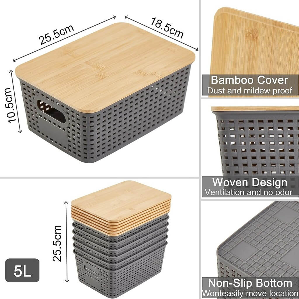 Stackable Storage Baskets with Bamboo Lids, Set of 6 – White Plastic Storage Boxes with Handles & Label Window (25.5 × 18.5 × 10.5 cm) - Image 10