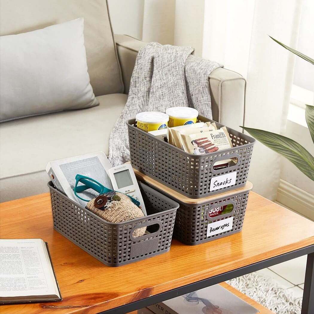 Stackable Storage Baskets with Bamboo Lids, Set of 6 – White Plastic Storage Boxes with Handles & Label Window (25.5 × 18.5 × 10.5 cm) - Image 12