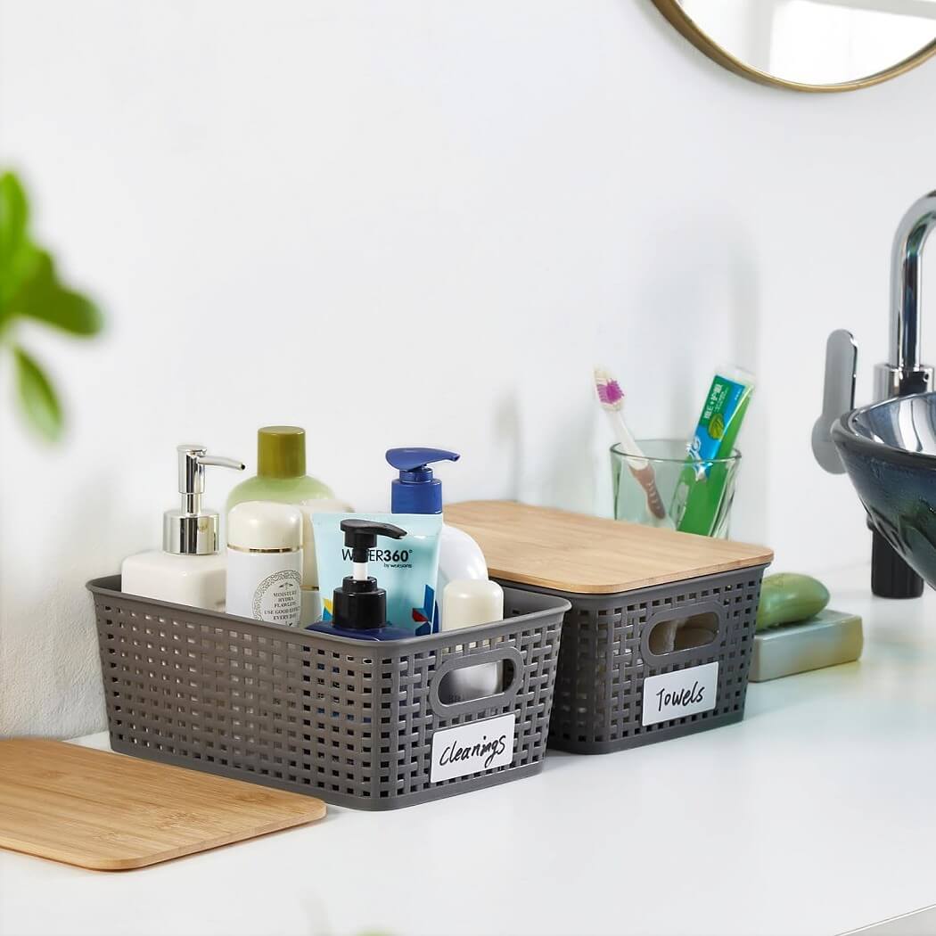 Stackable Storage Baskets with Bamboo Lids, Set of 6 – White Plastic Storage Boxes with Handles & Label Window (25.5 × 18.5 × 10.5 cm) - Image 13