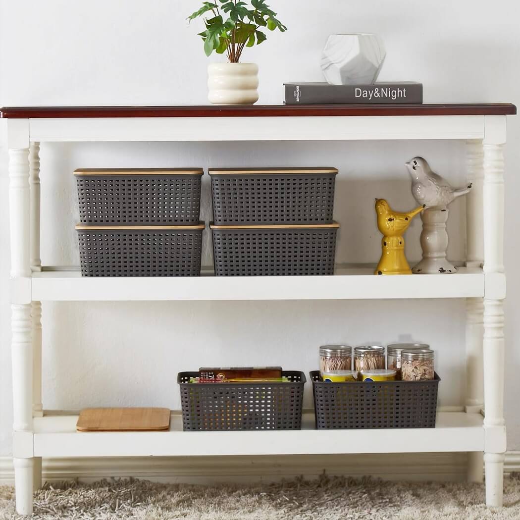 Stackable Storage Baskets with Bamboo Lids, Set of 6 – White Plastic Storage Boxes with Handles & Label Window (25.5 × 18.5 × 10.5 cm) - Image 14