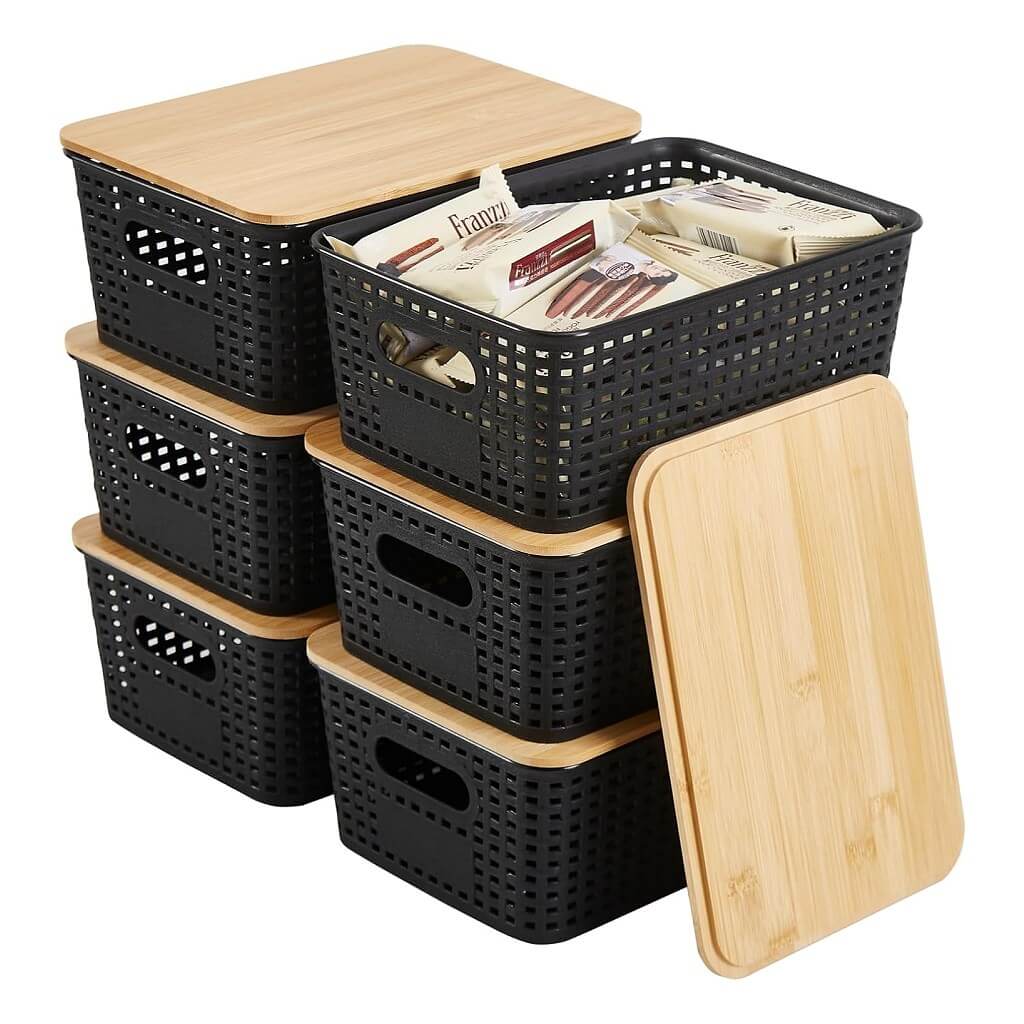 Stackable Storage Baskets with Bamboo Lids, Set of 6 – White Plastic Storage Boxes with Handles & Label Window (25.5 × 18.5 × 10.5 cm) - Image 15