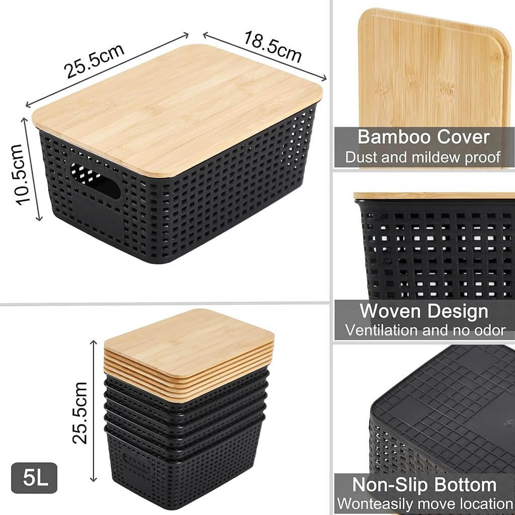 Stackable Storage Baskets with Bamboo Lids, Set of 6 – White Plastic Storage Boxes with Handles & Label Window (25.5 × 18.5 × 10.5 cm) - Image 17
