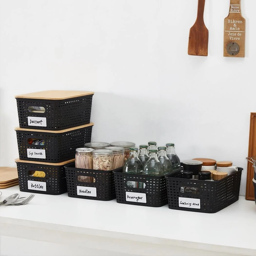 Stackable Storage Baskets with Bamboo Lids, Set of 6 – White Plastic Storage Boxes with Handles & Label Window (25.5 × 18.5 × 10.5 cm) - Image 18