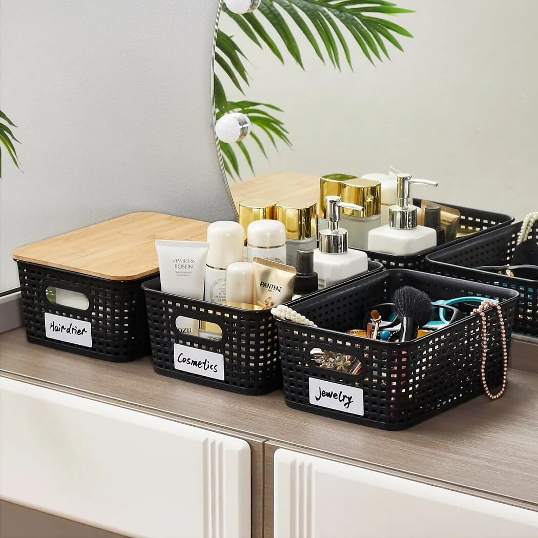 Stackable Storage Baskets with Bamboo Lids, Set of 6 – White Plastic Storage Boxes with Handles & Label Window (25.5 × 18.5 × 10.5 cm) - Image 19