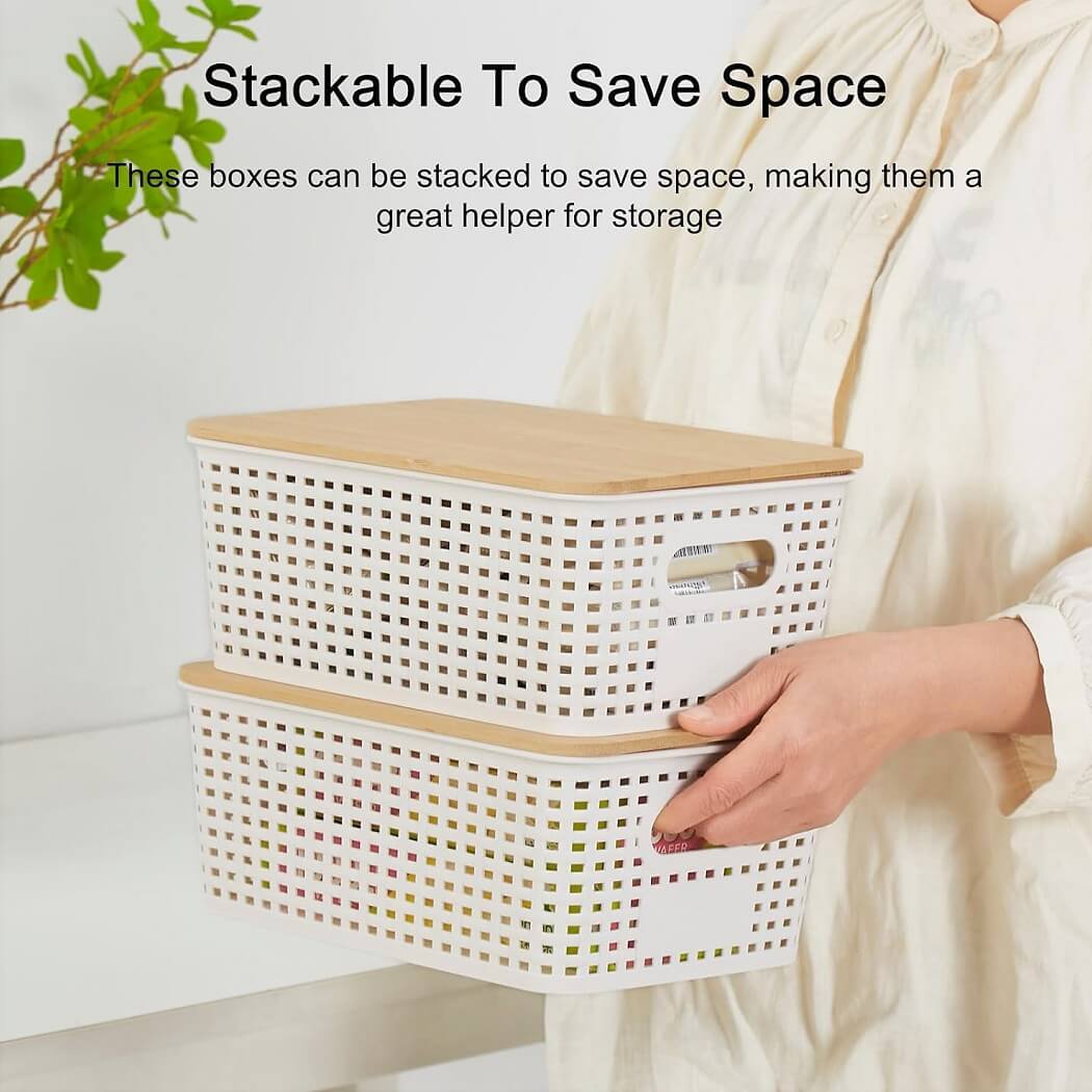 Stackable Storage Baskets with Bamboo Lids, Set of 6 – White Plastic Storage Boxes with Handles & Label Window (25.5 × 18.5 × 10.5 cm) - Image 2