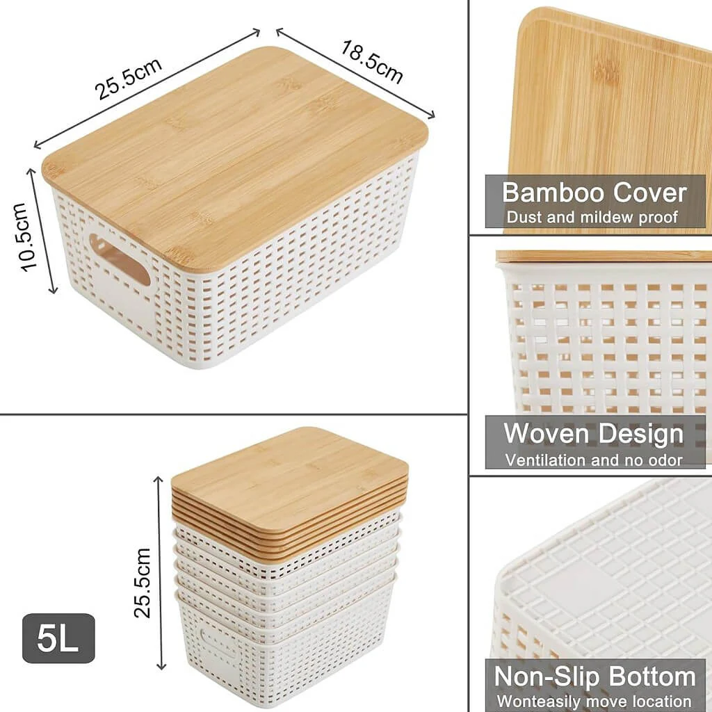 Stackable Storage Baskets with Bamboo Lids, Set of 6 – White Plastic Storage Boxes with Handles & Label Window (25.5 × 18.5 × 10.5 cm) - Image 3