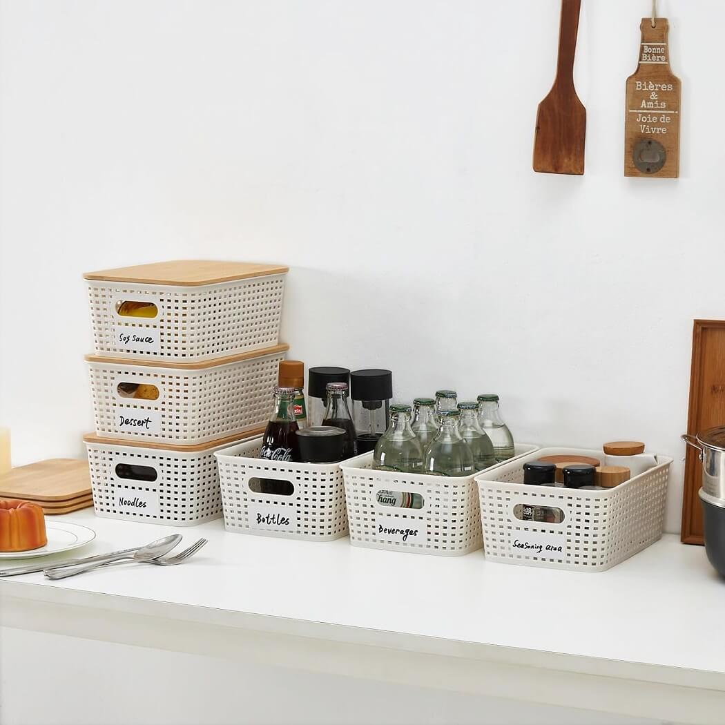 Stackable Storage Baskets with Bamboo Lids, Set of 6 – White Plastic Storage Boxes with Handles & Label Window (25.5 × 18.5 × 10.5 cm) - Image 4