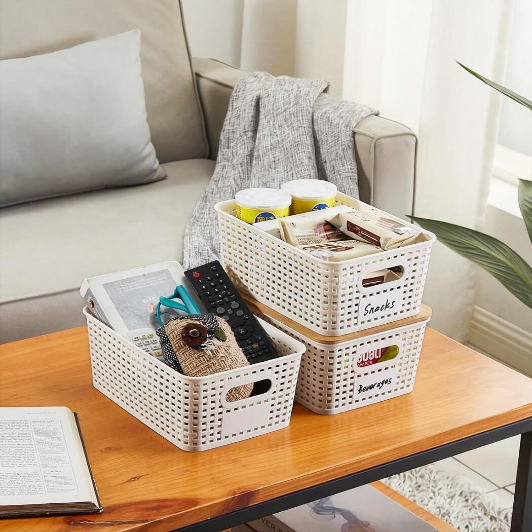 Stackable Storage Baskets with Bamboo Lids, Set of 6 – White Plastic Storage Boxes with Handles & Label Window (25.5 × 18.5 × 10.5 cm) - Image 5