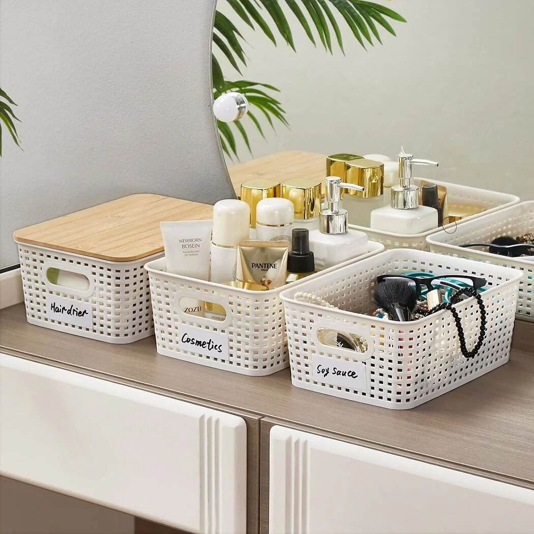 Stackable Storage Baskets with Bamboo Lids, Set of 6 – White Plastic Storage Boxes with Handles & Label Window (25.5 × 18.5 × 10.5 cm) - Image 6