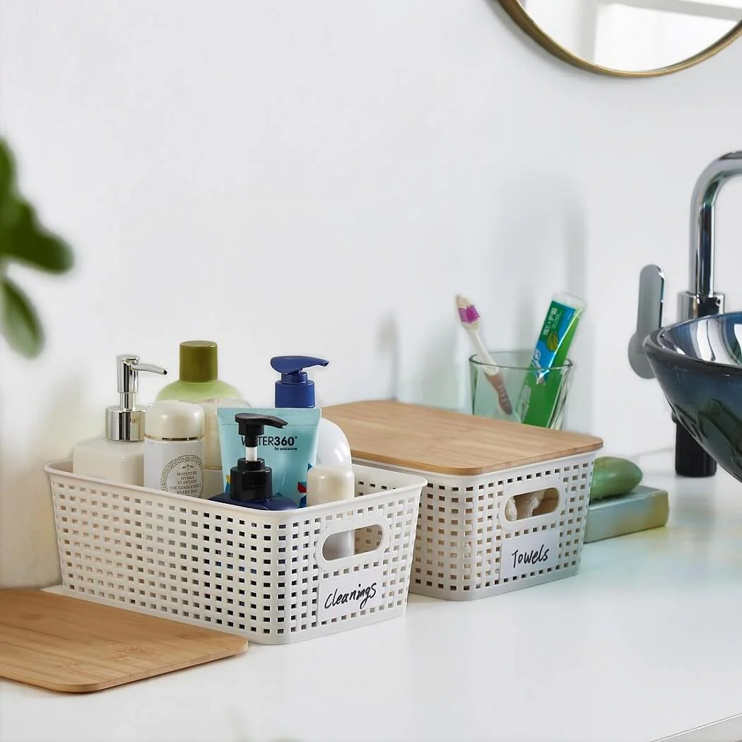 Stackable Storage Baskets with Bamboo Lids, Set of 6 – White Plastic Storage Boxes with Handles & Label Window (25.5 × 18.5 × 10.5 cm) - Image 7