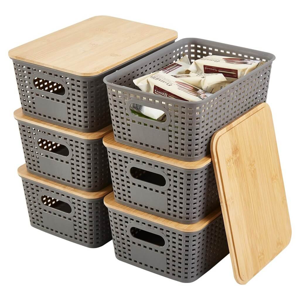 Stackable Storage Baskets with Bamboo Lids, Set of 6 – White Plastic Storage Boxes with Handles & Label Window (25.5 × 18.5 × 10.5 cm) - Image 8