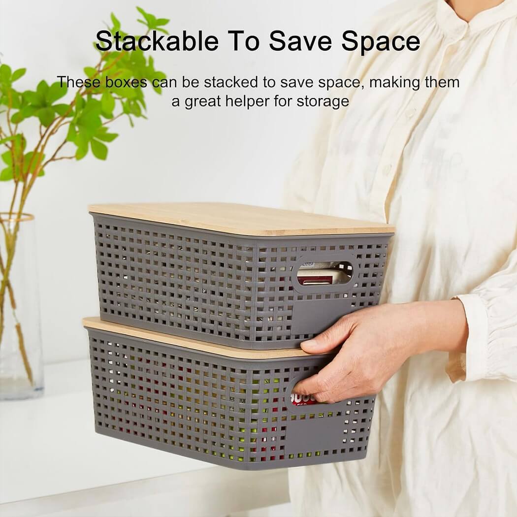 Stackable Storage Baskets with Bamboo Lids, Set of 6 – White Plastic Storage Boxes with Handles & Label Window (25.5 × 18.5 × 10.5 cm) - Image 9