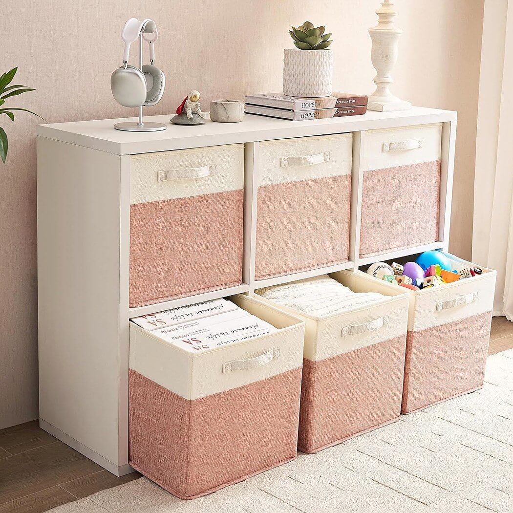 Fabric Cube Storage Boxes – Pink/Cream White, Foldable Storage Box - Image 37
