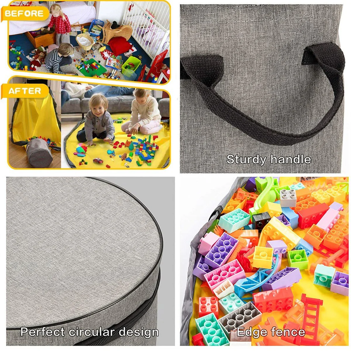2 in 1 Quick Collapsible Toy Storage Bag and Play Mat with Zipper Lid for Kids Room - Image 4