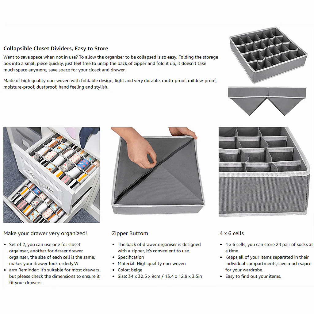 24 Cell Collapsible Drawer Organisers Dividers Wardrobe Organiser 2 Packs Beige - Image 12