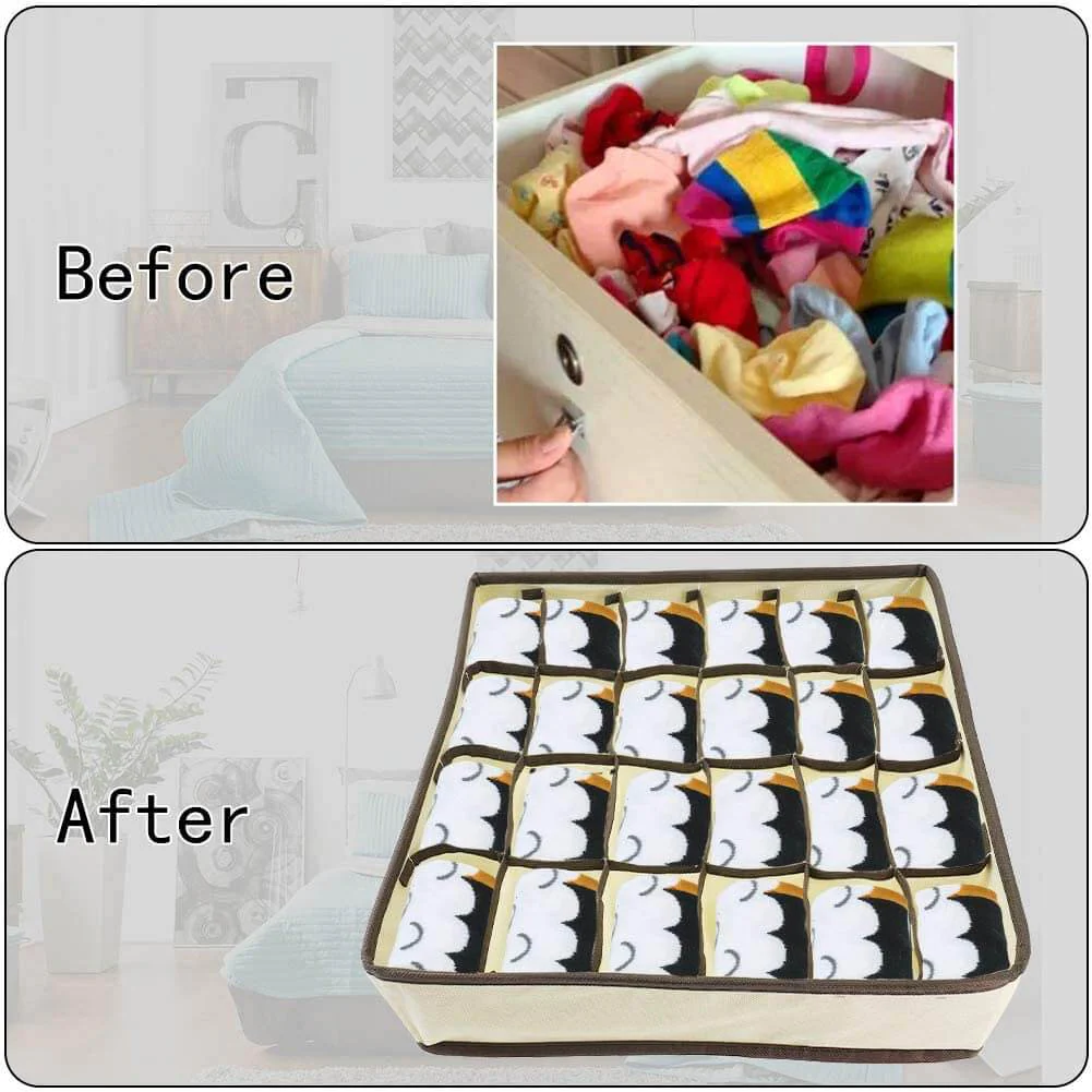 24 Cell Collapsible Drawer Organisers Dividers Wardrobe Organiser 2 Packs Beige - Image 3
