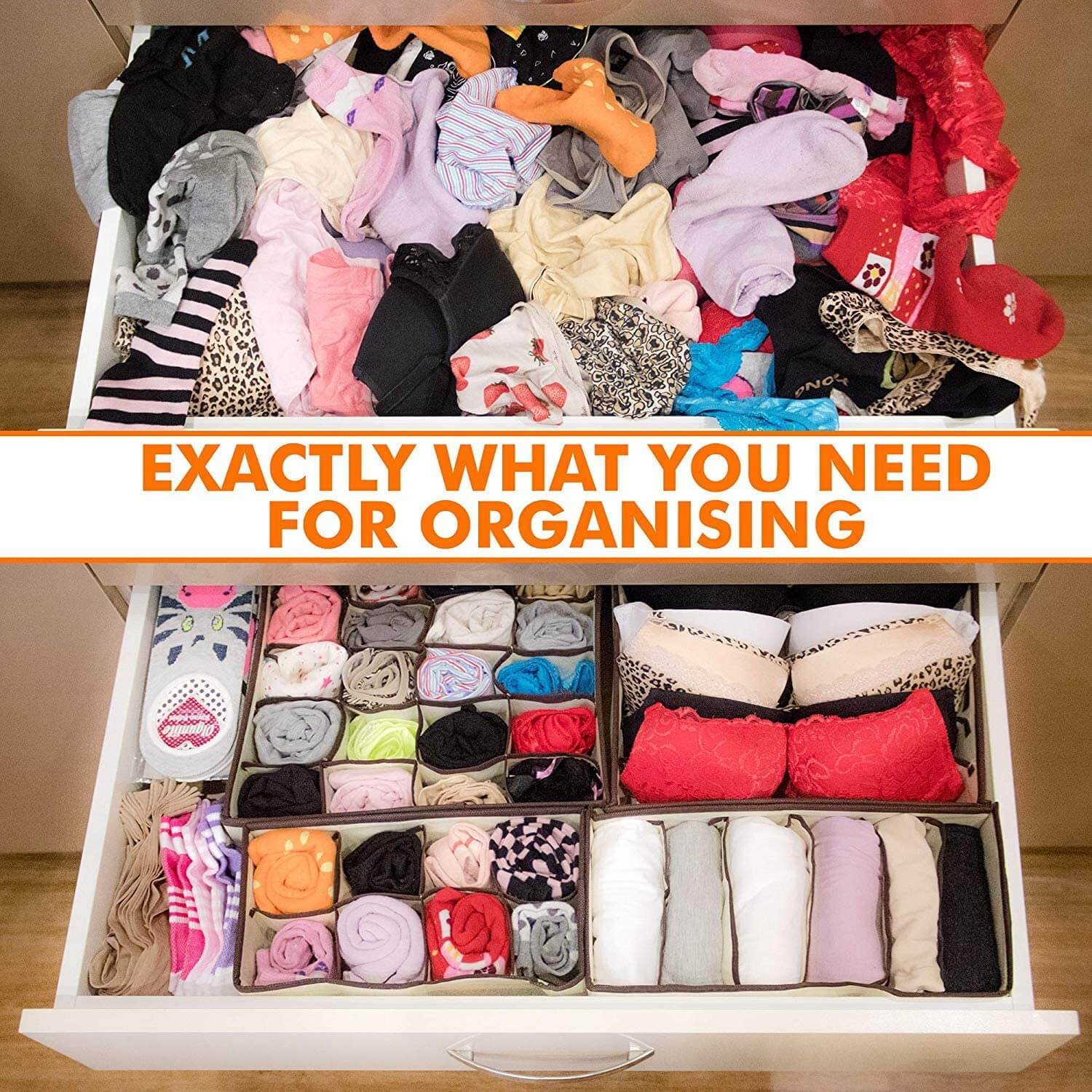 24 Cell Collapsible Drawer Organisers Dividers Wardrobe Organiser 2 Packs Beige - Image 4