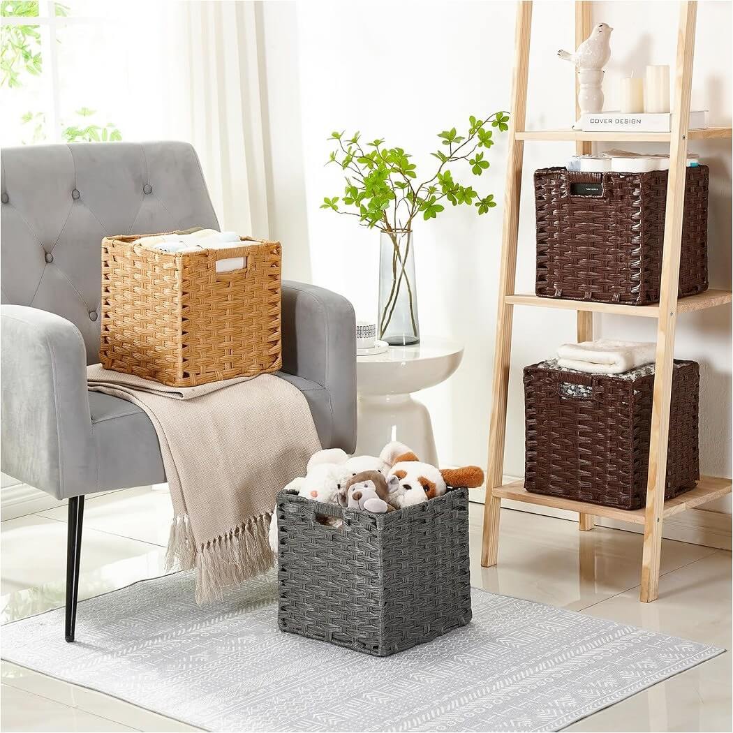 28 cm Wicker Storage Cube Boxes, Ash Grey Rattan Effect, Anti-Mould Closet Organizers - Image 3