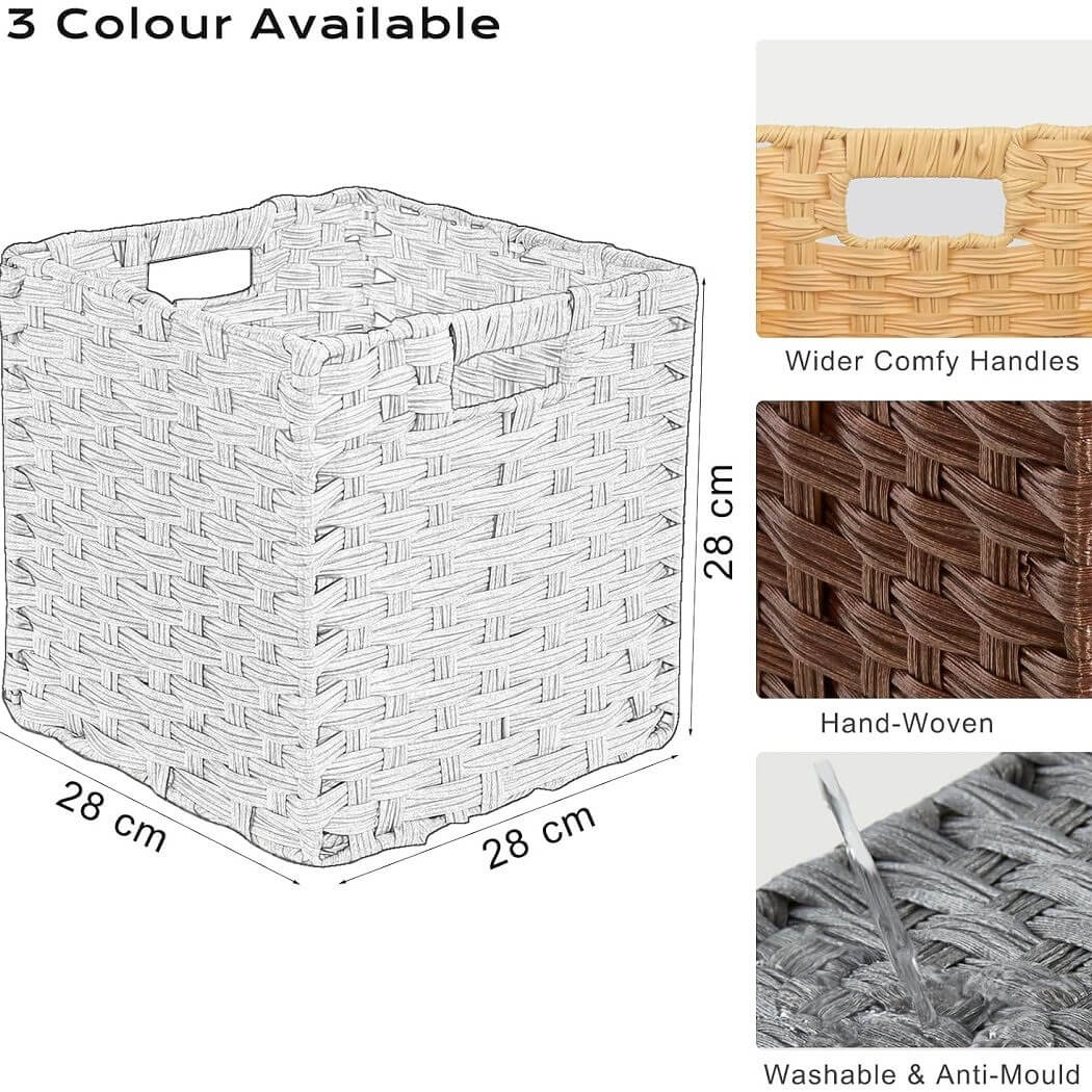 28 cm Wicker Storage Cube Boxes, Ash Grey Rattan Effect, Anti-Mould Closet Organizers - Image 4