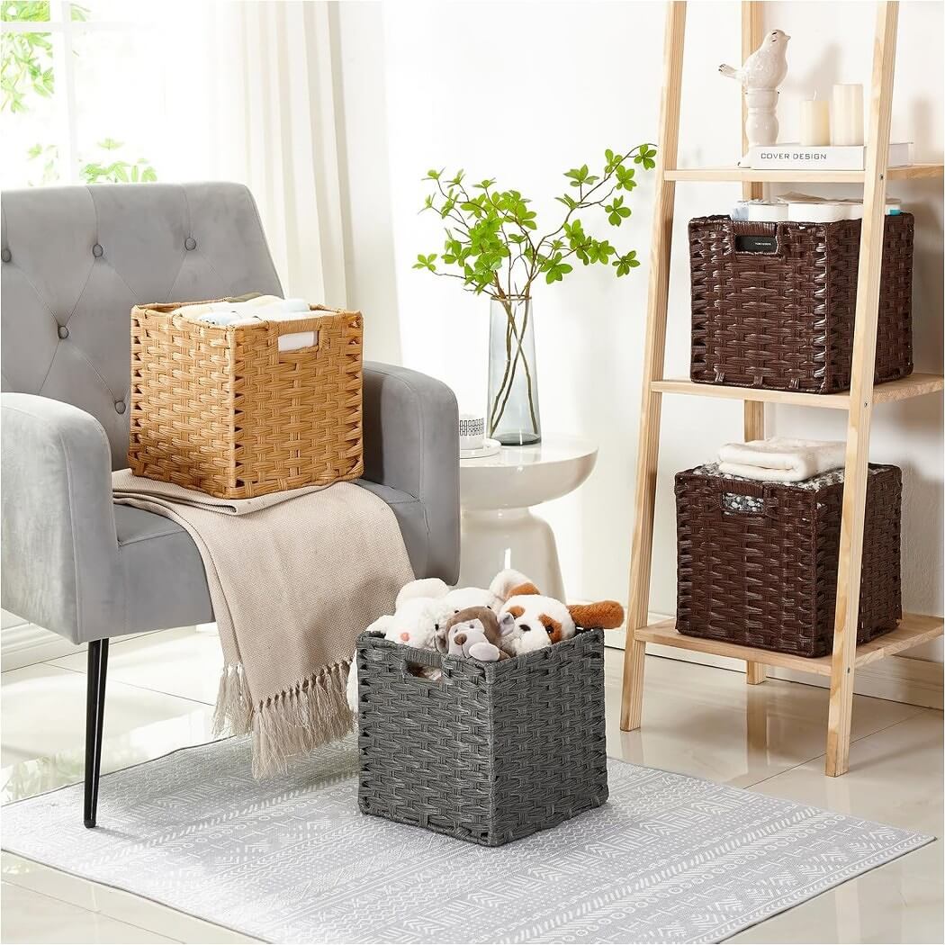 28cm Hand-Woven Polyrattan Storage Cube Boxes Popcorn Beige - Image 7