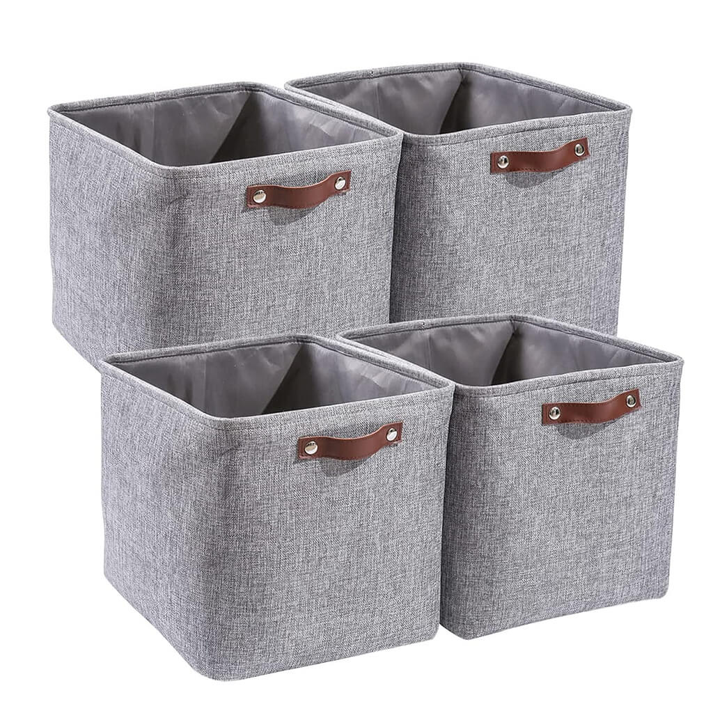 30cm Grey Fabric Storage Cube Boxes with Leather Handle For Cupboards - Image 10
