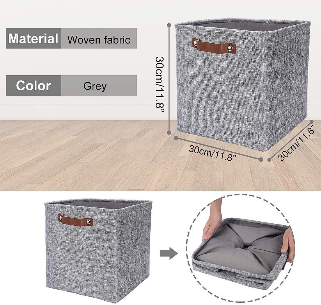 30cm Grey Fabric Storage Cube Boxes with Leather Handle For Cupboards - Image 3