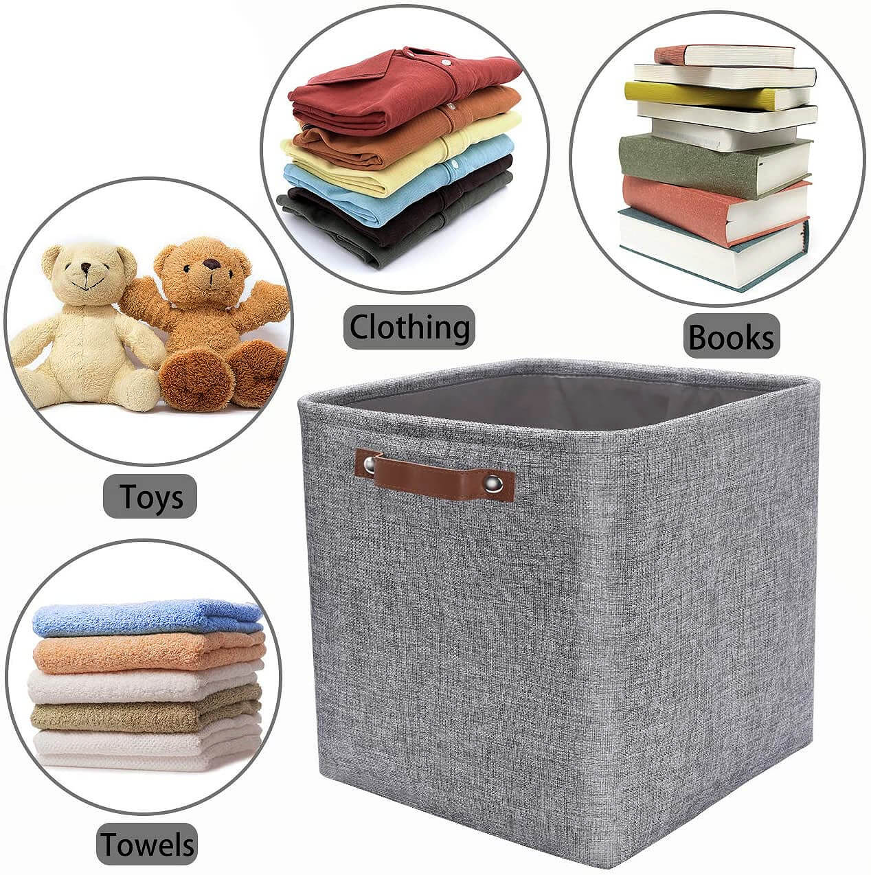 30cm Grey Fabric Storage Cube Boxes with Leather Handle For Cupboards - Image 4