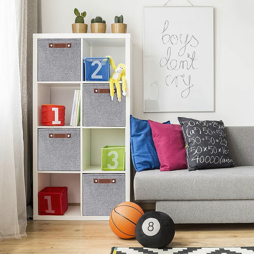 30cm Grey Fabric Storage Cube Boxes with Leather Handle For Cupboards - Image 6