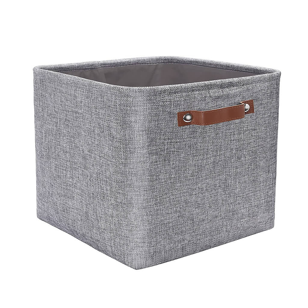30cm Grey Fabric Storage Cube Boxes with Leather Handle For Cupboards - Image 7