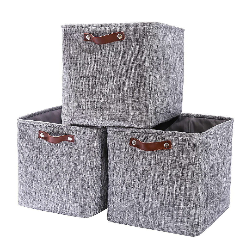 30cm Grey Fabric Storage Cube Boxes with Leather Handle For Cupboards - Image 9