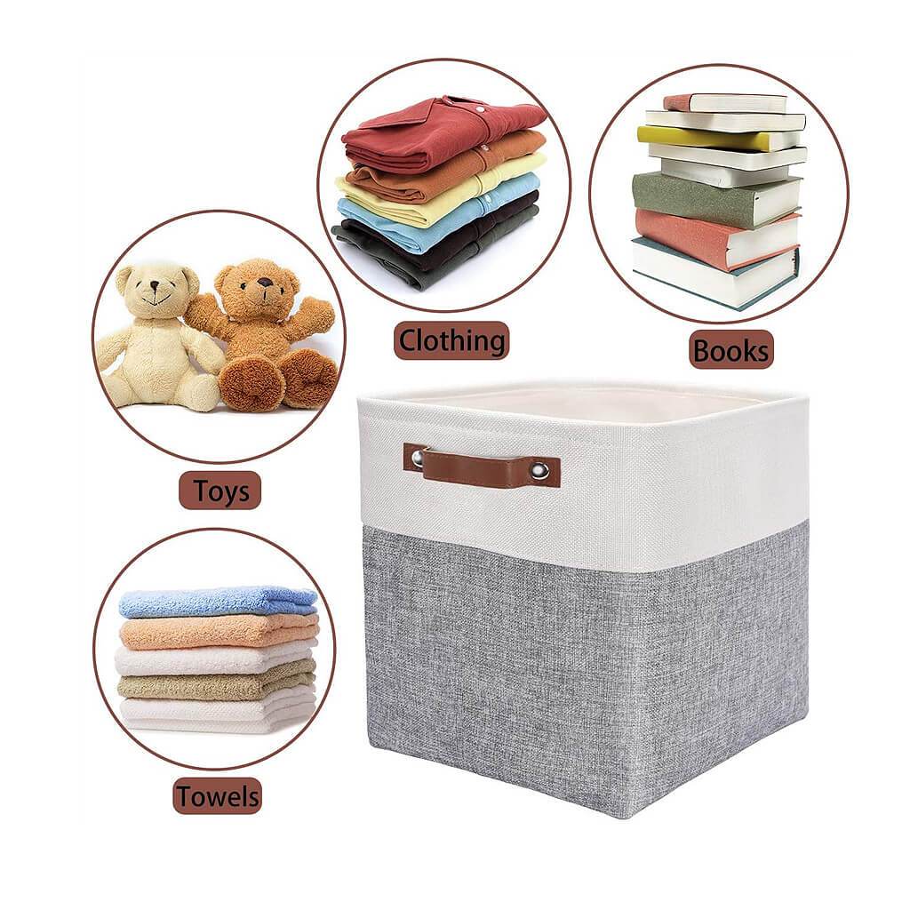 30cm White Grey Cube Storage Boxes with Leather Handle For Nursery - Image 3