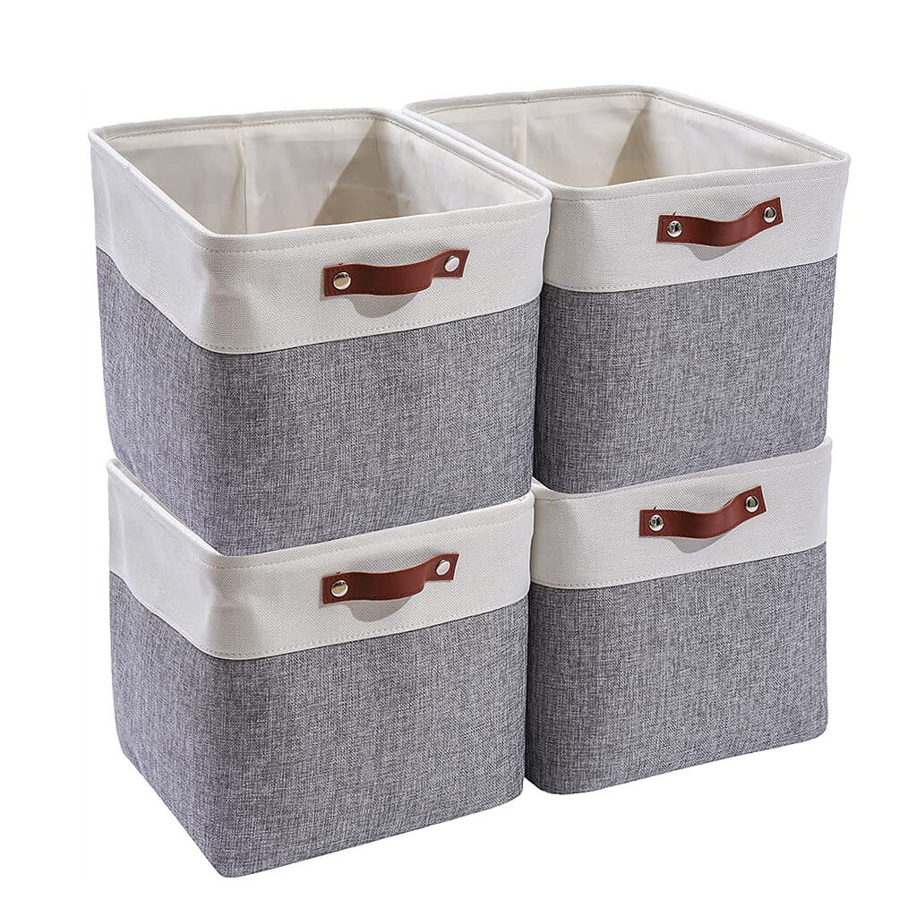 33 x 38 x 33cm White Grey Fabric Storage Boxes with Leather Handle - Image 11