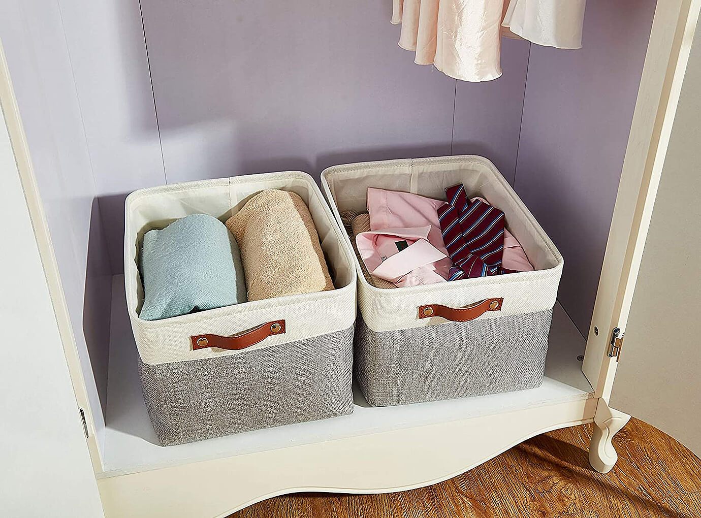 33 x 38 x 33cm White Grey Fabric Storage Boxes with Leather Handle - Image 5