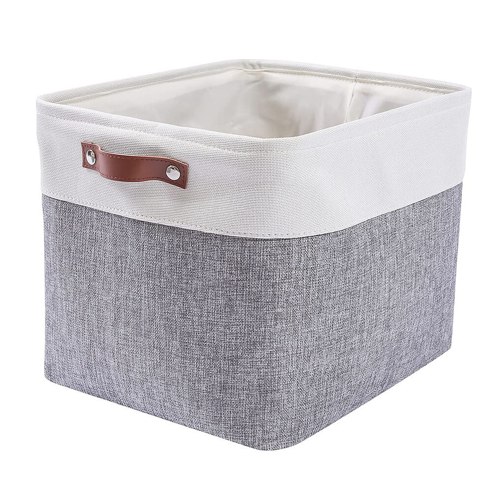 33 x 38 x 33cm White Grey Fabric Storage Boxes with Leather Handle - Image 9