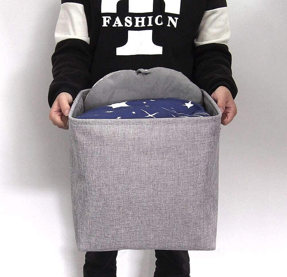 33CM Grey Storage Cube Box Basket with Leather Handle for Clothes - Image 5