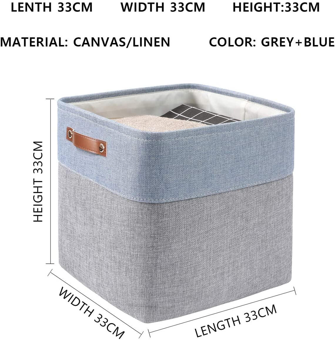 33CM Storage Cube Boxes with Leather Handle for Cupboards Grey & Blue - Image 3