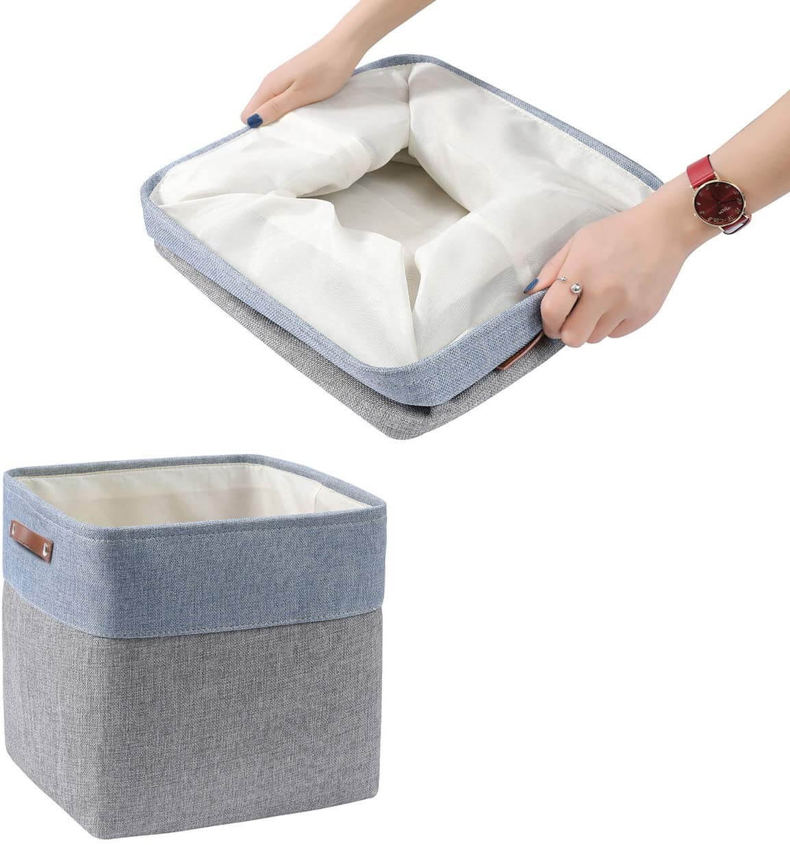 33CM Storage Cube Boxes with Leather Handle for Cupboards Grey & Blue - Image 6