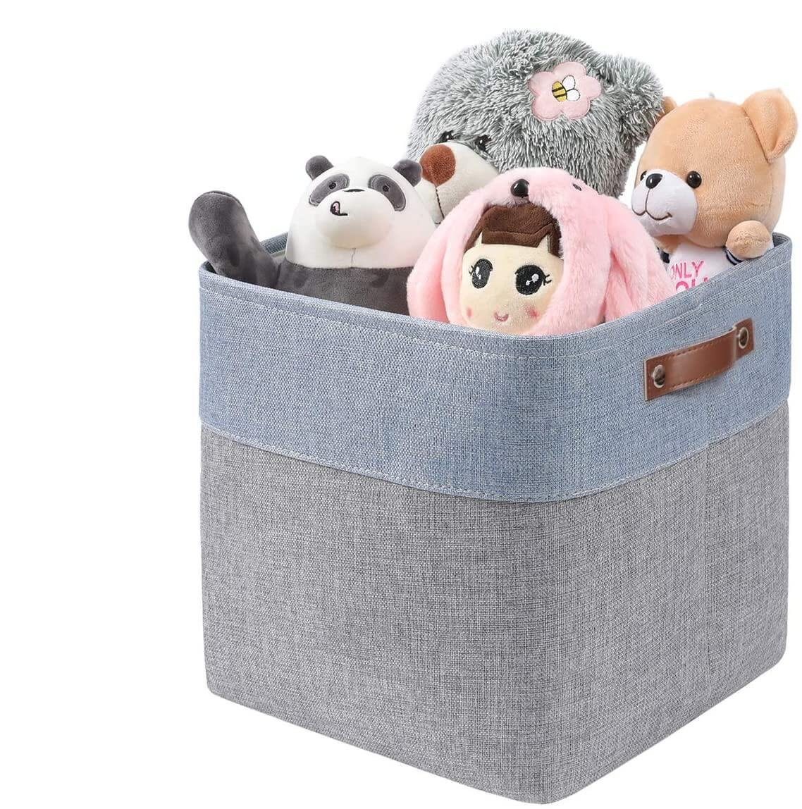 33CM Storage Cube Boxes with Leather Handle for Cupboards Grey & Blue - Image 8