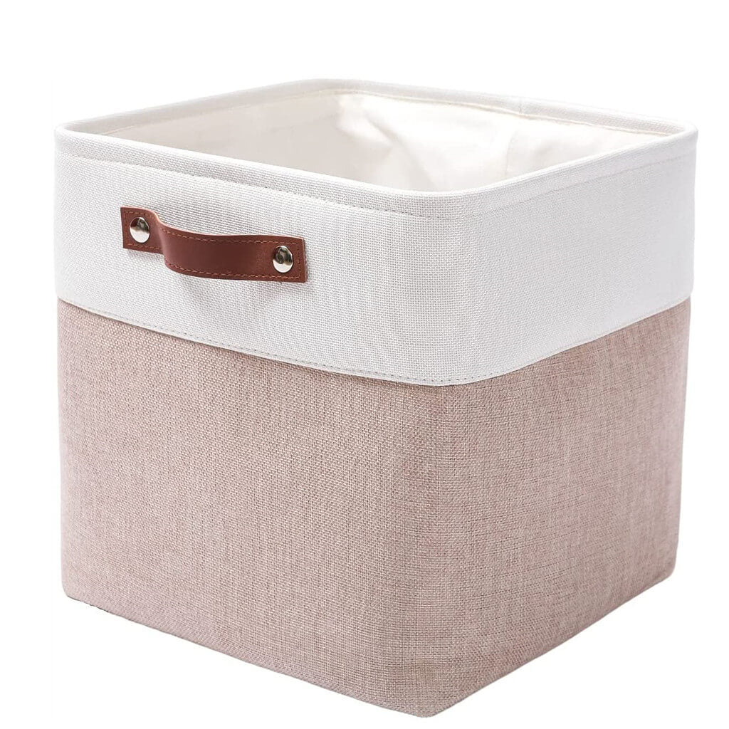 33x33x33cm Storage Baskets with Leather Handle White & Khaki - Image 4