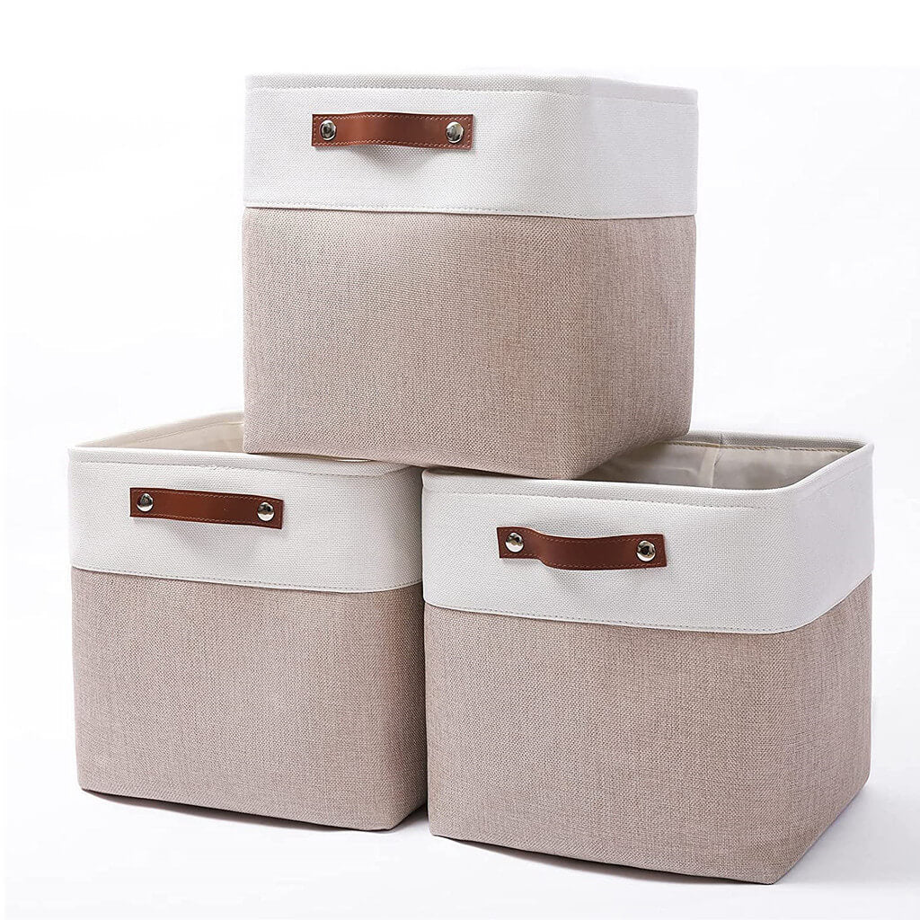 33x33x33cm Storage Baskets with Leather Handle White & Khaki - Image 5