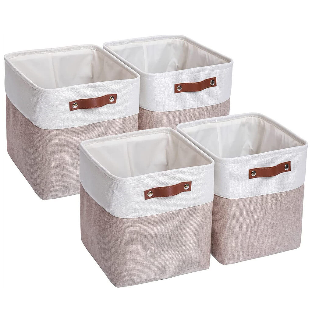 33x33x33cm Storage Baskets with Leather Handle White & Khaki - Image 6