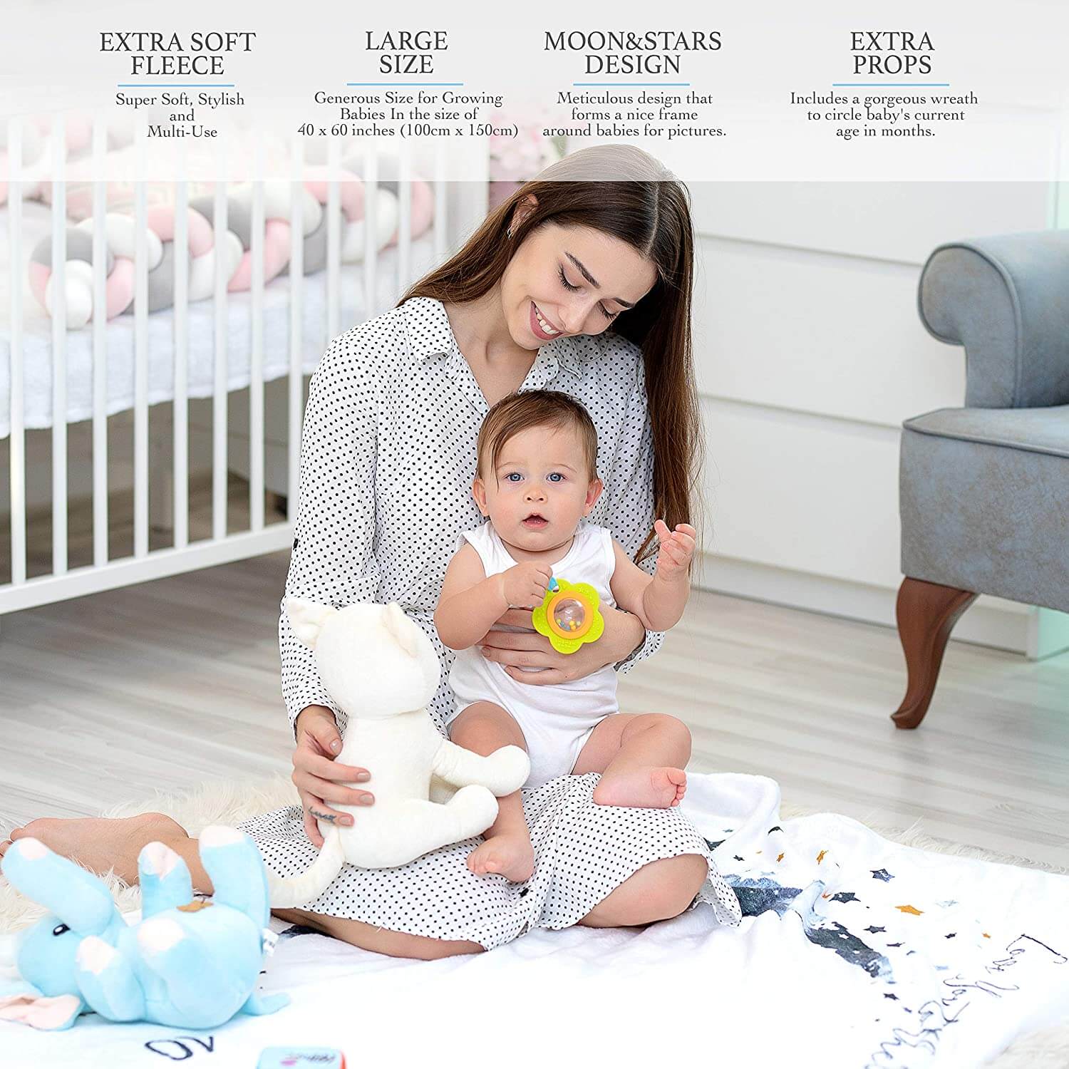 Baby Monthly Milestone Blanket Boy and Girl, Best Shower Gift, Moon and Star - Image 3