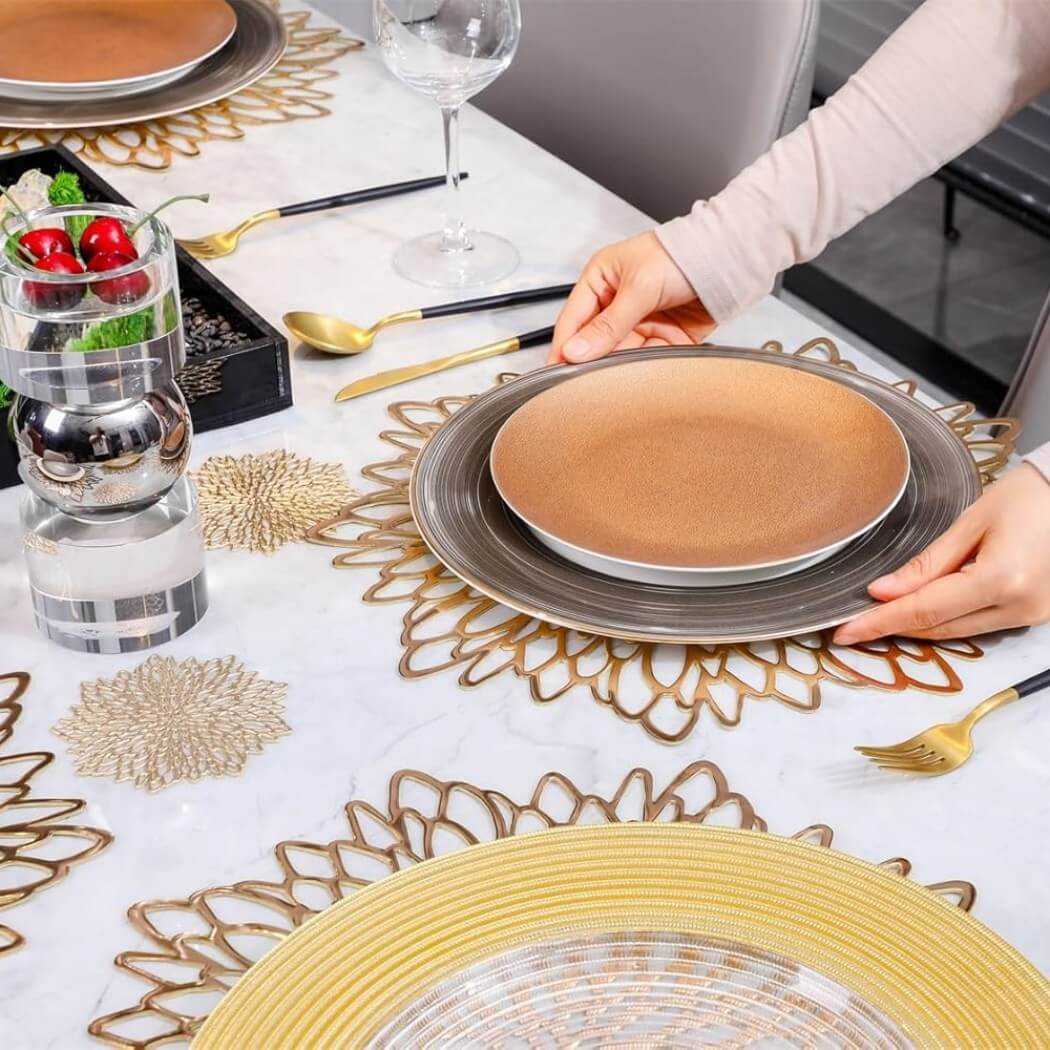 Round Dahlia Placemats and Coaster Sets, Pressed Vinyl Table Mats Christmas, Wedding, Dinner Parties, Restaurant, Hotel, 15.5" - Image 9