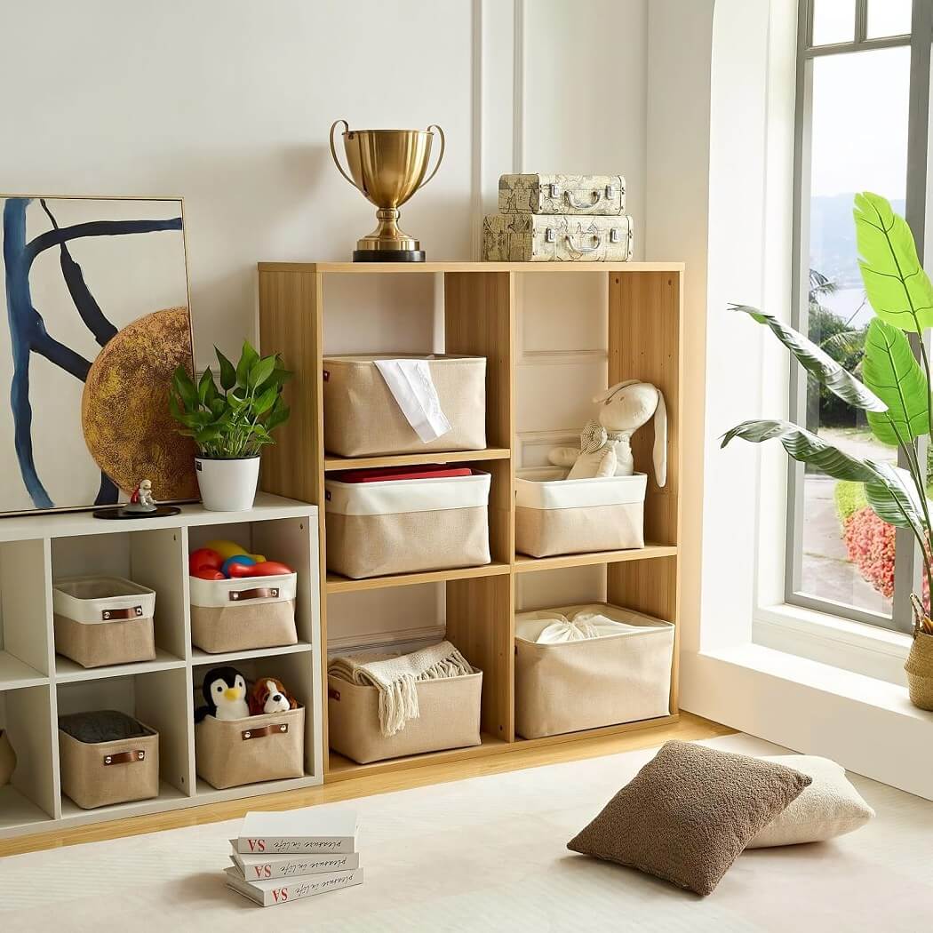Collapsible Beige Storage Box with Leather Handle - Image 12