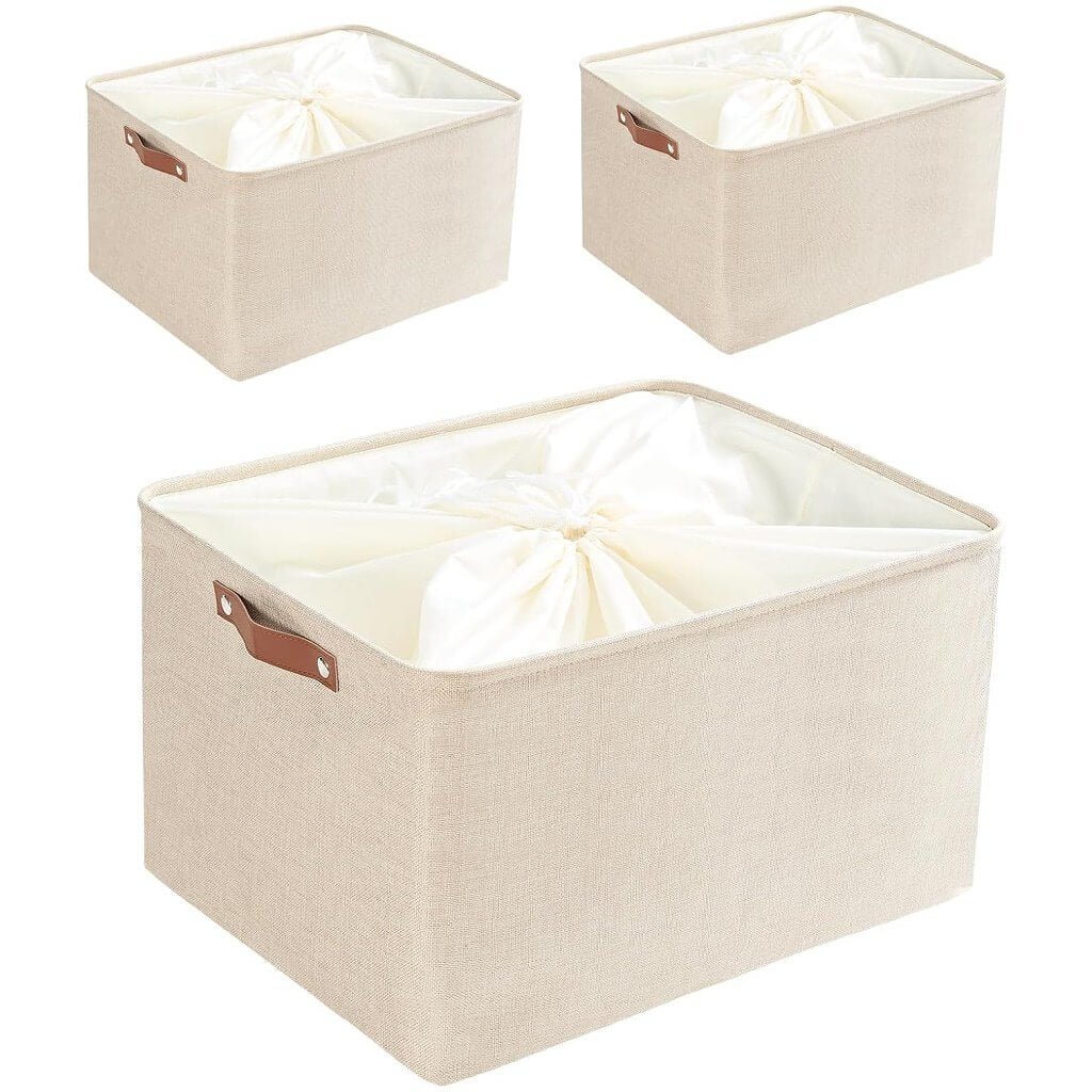 Collapsible Beige Storage Box with Leather Handle - Image 15