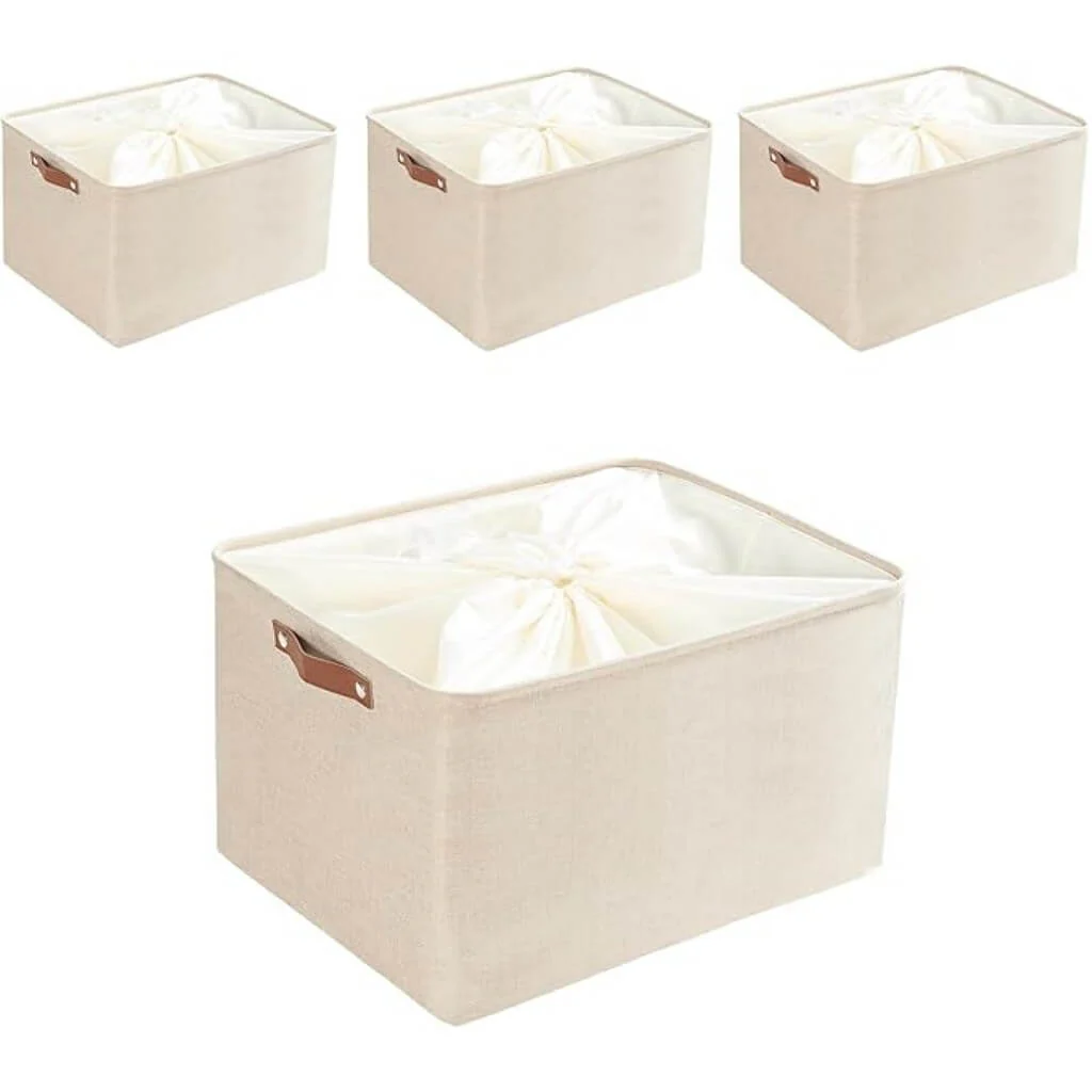 Collapsible Beige Storage Box with Leather Handle - Image 22