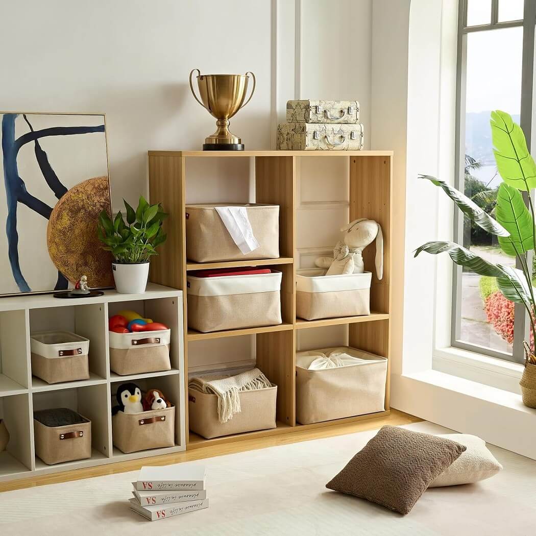 Collapsible Beige Storage Box with Leather Handle - Image 26
