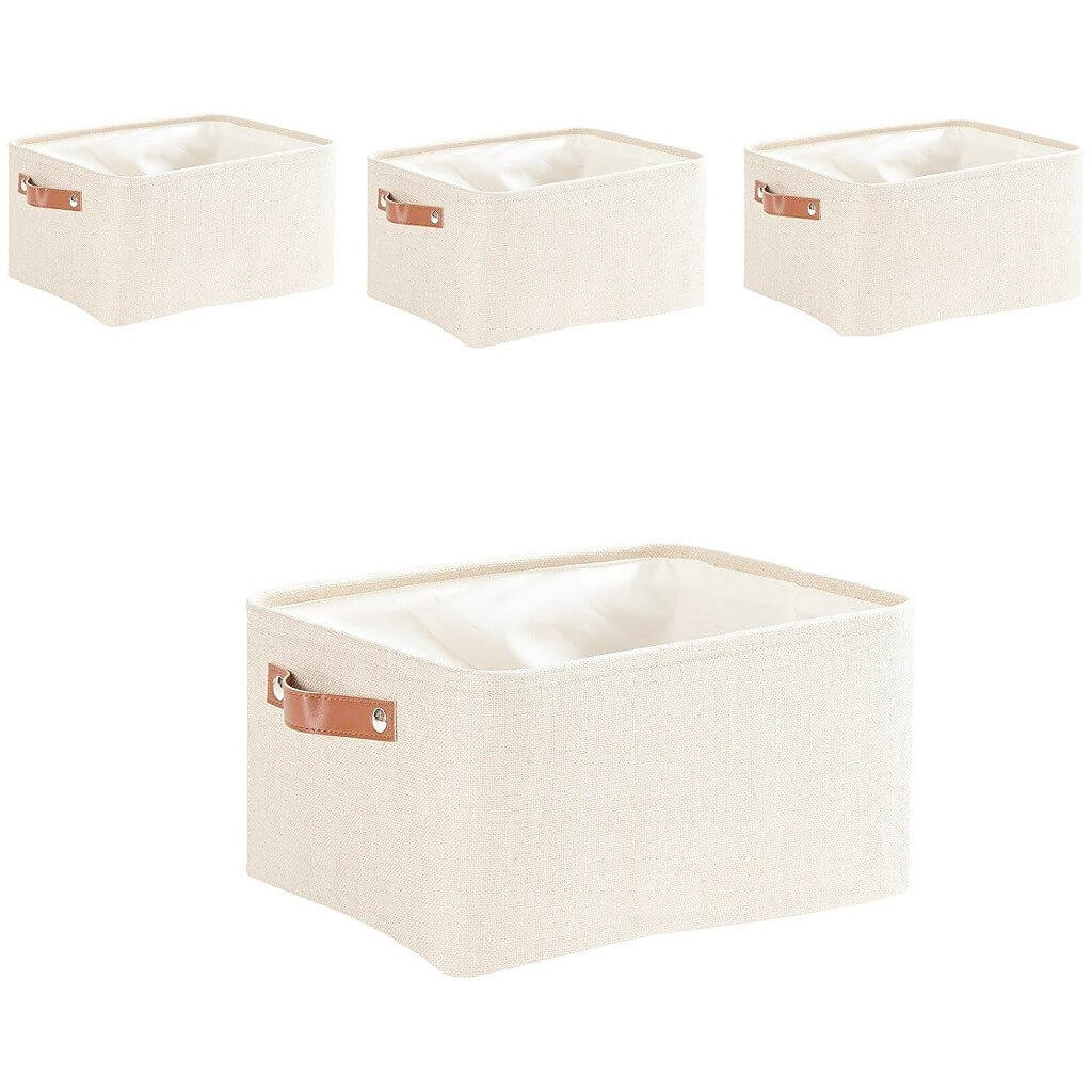 Collapsible Beige Storage Box with Leather Handle - Image 29