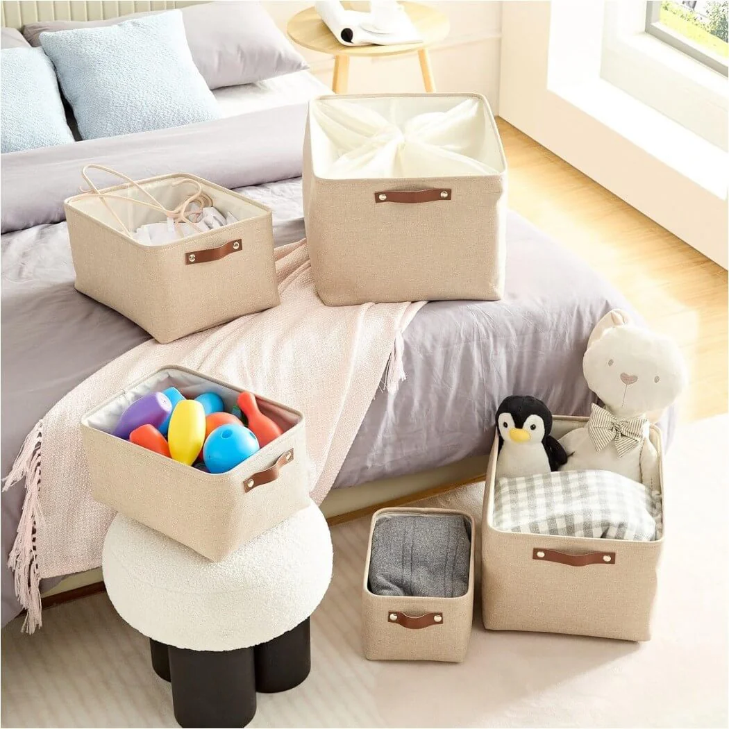 Collapsible Beige Storage Box with Leather Handle - Image 33
