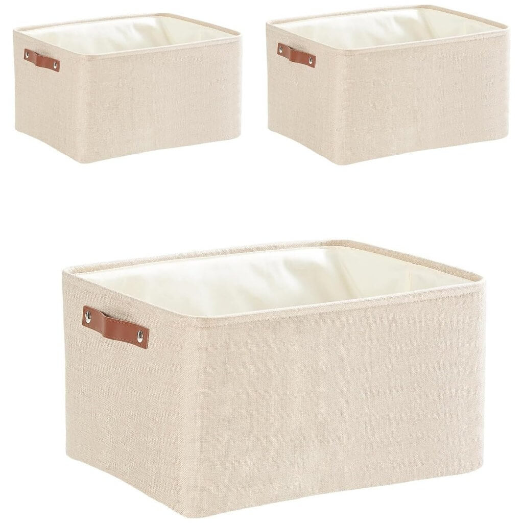Collapsible Beige Storage Box with Leather Handle - Image 36